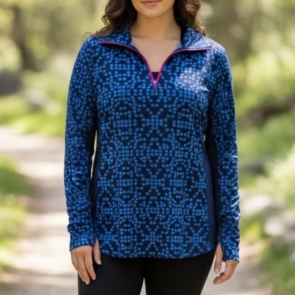 Columbia Womens XL Fleece Quarter Zip Pullover Blue Geometric Mosaic Mock Neck